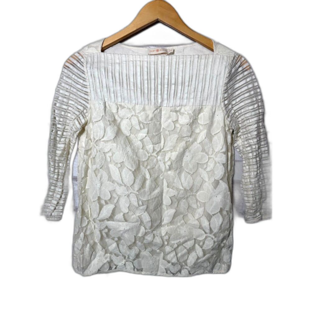 Tory Burch Blouse 3/4 Sleeves Cream Lace Top Classic Boho Artsy Bridal